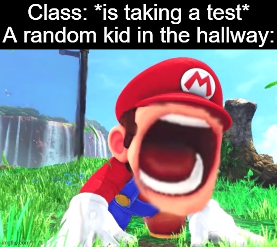 It literally happens every time (before quarantine) |  Class: *is taking a test*
A random kid in the hallway: | image tagged in mario screaming,memes,mario | made w/ Imgflip meme maker