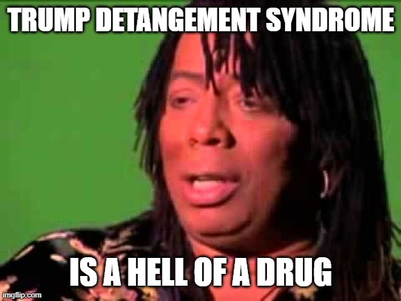 Rick James | TRUMP DETANGEMENT SYNDROME IS A HELL OF A DRUG | image tagged in rick james | made w/ Imgflip meme maker