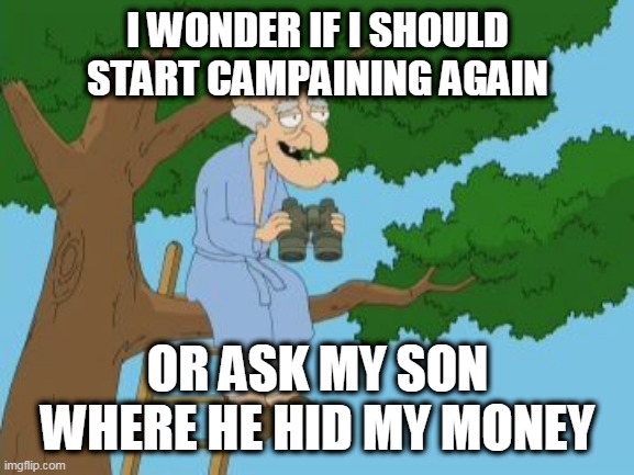 Biden | I WONDER IF I SHOULD START CAMPAINING AGAIN; OR ASK MY SON WHERE HE HID MY MONEY | image tagged in herbert,biden,lies,politics | made w/ Imgflip meme maker