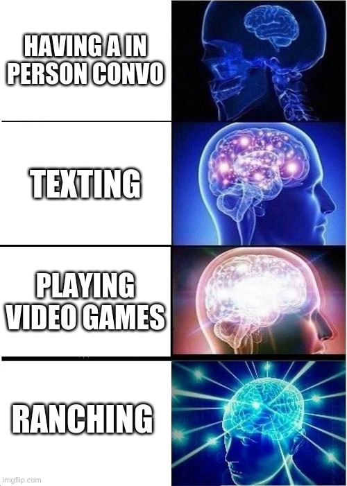 Expanding Brain Meme | HAVING A IN PERSON CONVO; TEXTING; PLAYING VIDEO GAMES; RANCHING | image tagged in memes,expanding brain | made w/ Imgflip meme maker