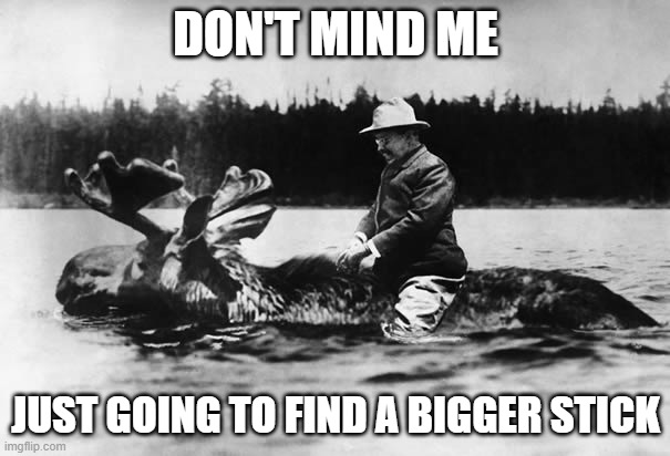 Remember kids, speak softly, carry a big stick, and ride a moose everywhere | DON'T MIND ME; JUST GOING TO FIND A BIGGER STICK | image tagged in teddy roosevelt on a moose,memes,teddy roosevelt,moose | made w/ Imgflip meme maker