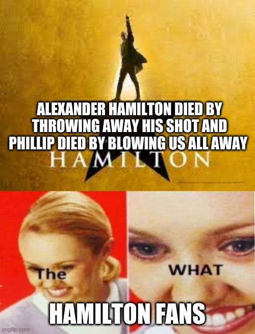ALEXANDER HAMILTON DIED BY THROWING AWAY HIS SHOT AND PHILLIP DIED BY BLOWING US ALL AWAY; HAMILTON FANS | image tagged in umm,hamilton | made w/ Imgflip meme maker