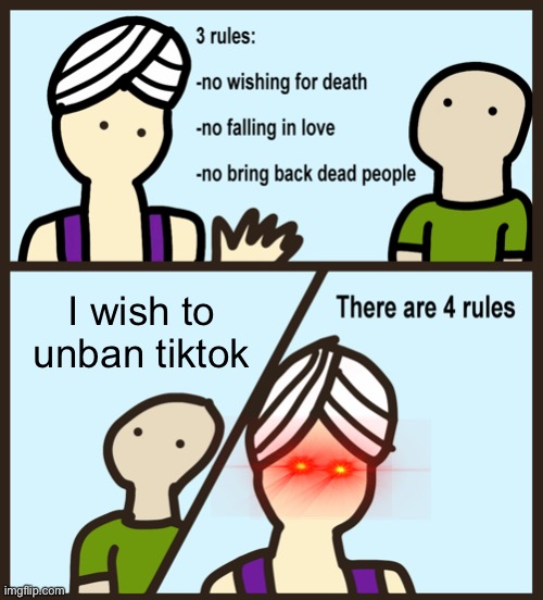 THERE ARE 4 RULES |  I wish to unban tiktok | image tagged in genie rules meme,ban,tiktok | made w/ Imgflip meme maker