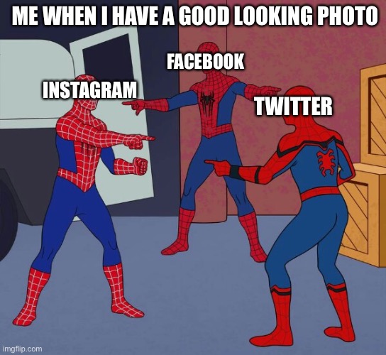 Profile pictures be like this | ME WHEN I HAVE A GOOD LOOKING PHOTO; FACEBOOK; INSTAGRAM; TWITTER | image tagged in spider man triple | made w/ Imgflip meme maker