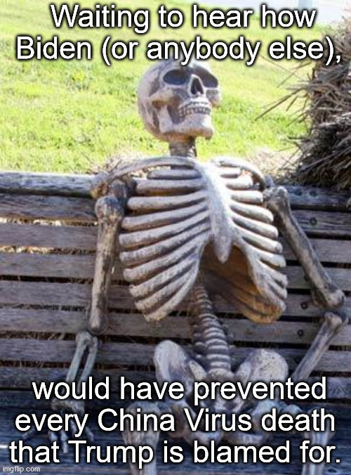 I'd LOVE to hear it. | Waiting to hear how Biden (or anybody else), would have prevented every China Virus death that Trump is blamed for. | image tagged in memes,waiting skeleton,coronavirus,corona virus,blame trump,joe biden | made w/ Imgflip meme maker