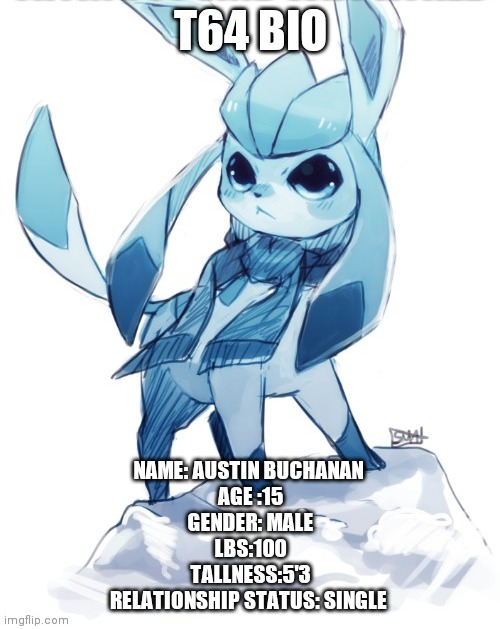 glaceon climbing mountain | T64 BIO; NAME: AUSTIN BUCHANAN 
AGE :15
GENDER: MALE
LBS:100
TALLNESS:5'3
RELATIONSHIP STATUS: SINGLE | image tagged in glaceon climbing mountain | made w/ Imgflip meme maker