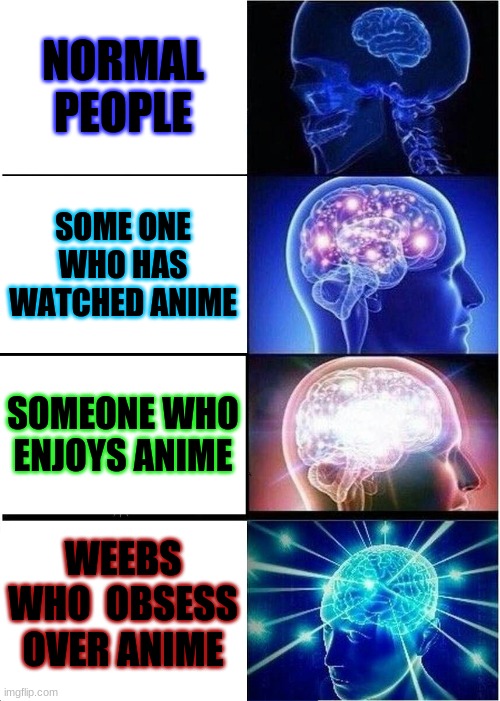 Expanding Brain | NORMAL PEOPLE; SOME ONE WHO HAS WATCHED ANIME; SOMEONE WHO ENJOYS ANIME; WEEBS WHO  OBSESS OVER ANIME | image tagged in memes,expanding brain | made w/ Imgflip meme maker