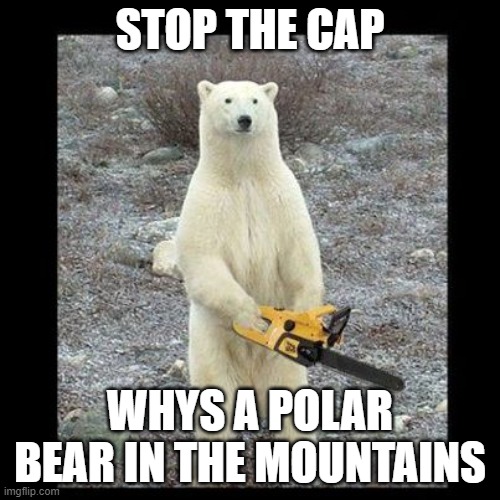 Chainsaw Bear | STOP THE CAP; WHYS A POLAR BEAR IN THE MOUNTAINS | image tagged in memes,chainsaw polar bear | made w/ Imgflip meme maker