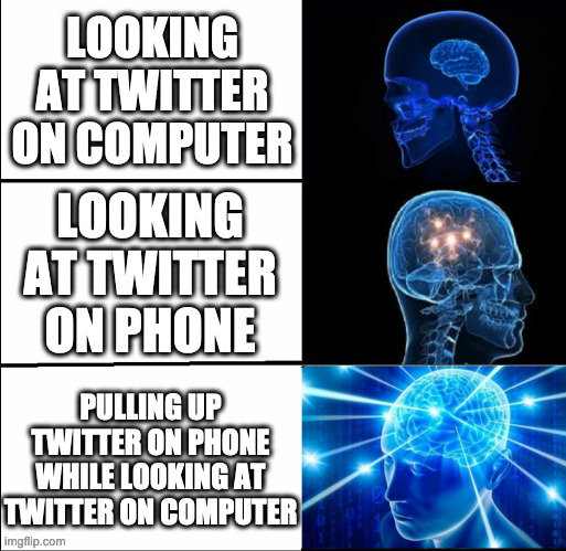 twitter galaxy brain | LOOKING AT TWITTER ON COMPUTER; LOOKING AT TWITTER ON PHONE; PULLING UP TWITTER ON PHONE WHILE LOOKING AT TWITTER ON COMPUTER | image tagged in galaxy brain 3 brains | made w/ Imgflip meme maker