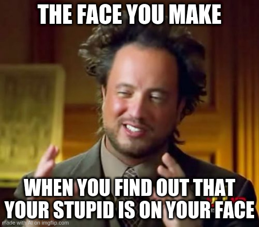 Ancient Aliens Meme | THE FACE YOU MAKE; WHEN YOU FIND OUT THAT YOUR STUPID IS ON YOUR FACE | image tagged in memes,ancient aliens,ai | made w/ Imgflip meme maker