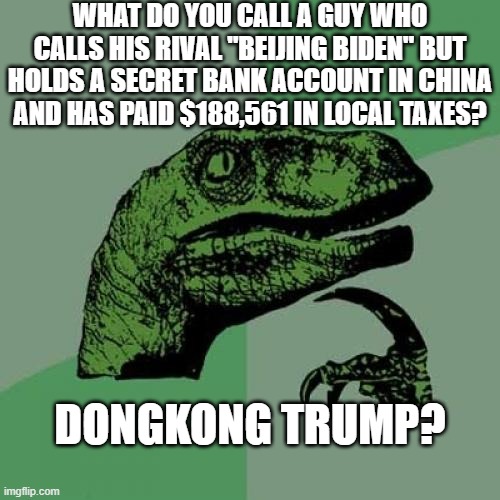 What do you call a guy who holds a "secret" bank account in China and has paid $188,561 in local taxes? Dongkong Trump? | WHAT DO YOU CALL A GUY WHO CALLS HIS RIVAL "BEIJING BIDEN" BUT HOLDS A SECRET BANK ACCOUNT IN CHINA
AND HAS PAID $188,561 IN LOCAL TAXES? DONGKONG TRUMP? | image tagged in memes,philosoraptor | made w/ Imgflip meme maker