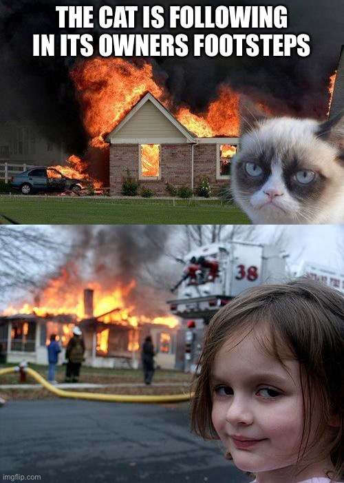 THE CAT IS FOLLOWING IN ITS OWNERS FOOTSTEPS | image tagged in memes,disaster girl,burn kitty | made w/ Imgflip meme maker