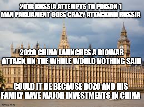Hung like Parliament. | 2018 RUSSIA ATTEMPTS TO POISON 1 MAN PARLIAMENT GOES CRAZY ATTACKING RUSSIA; 2020 CHINA LAUNCHES A BIOWAR ATTACK ON THE WHOLE WORLD NOTHING SAID; COULD IT BE BECAUSE BOZO AND HIS FAMILY HAVE MAJOR INVESTMENTS IN CHINA | image tagged in hung like parliament | made w/ Imgflip meme maker