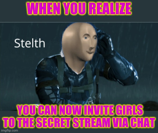Don't Change my mind: We need more females here | WHEN YOU REALIZE; YOU CAN NOW INVITE GIRLS TO THE SECRET STREAM VIA CHAT | image tagged in stelth | made w/ Imgflip meme maker