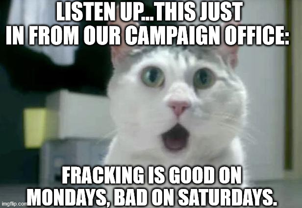 OMG Cat | LISTEN UP...THIS JUST IN FROM OUR CAMPAIGN OFFICE:; FRACKING IS GOOD ON MONDAYS, BAD ON SATURDAYS. | image tagged in memes,omg cat | made w/ Imgflip meme maker