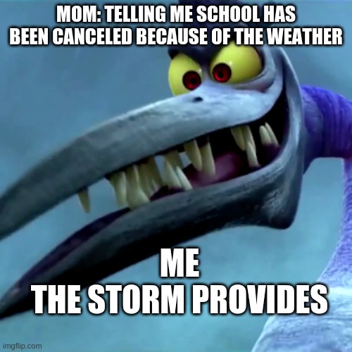 My first meme | MOM: TELLING ME SCHOOL HAS BEEN CANCELED BECAUSE OF THE WEATHER; ME
THE STORM PROVIDES | image tagged in funny memes | made w/ Imgflip meme maker