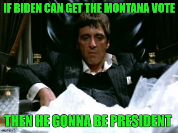Scarface Cocaine | IF BIDEN CAN GET THE MONTANA VOTE; THEN HE GONNA BE PRESIDENT | image tagged in scarface cocaine | made w/ Imgflip meme maker