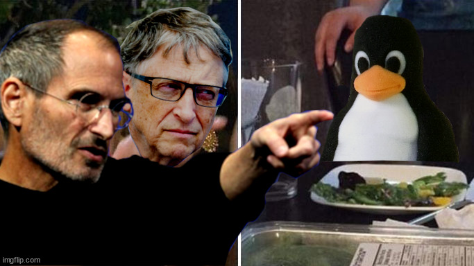 gates and jobs yelling at tux | image tagged in windows,mac,linux | made w/ Imgflip meme maker