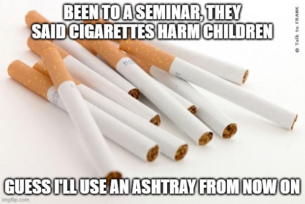 Smoke Up | BEEN TO A SEMINAR, THEY SAID CIGARETTES HARM CHILDREN; GUESS I'LL USE AN ASHTRAY FROM NOW ON | image tagged in cigarettes | made w/ Imgflip meme maker