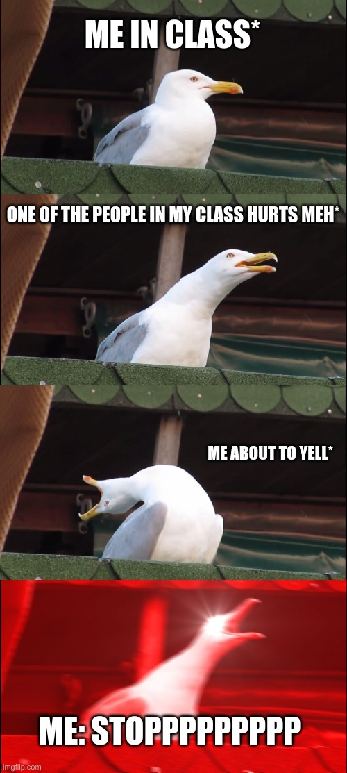 All the time ;-; | ME IN CLASS*; ONE OF THE PEOPLE IN MY CLASS HURTS MEH*; ME ABOUT TO YELL*; ME: STOPPPPPPPPP | image tagged in memes,inhaling seagull | made w/ Imgflip meme maker