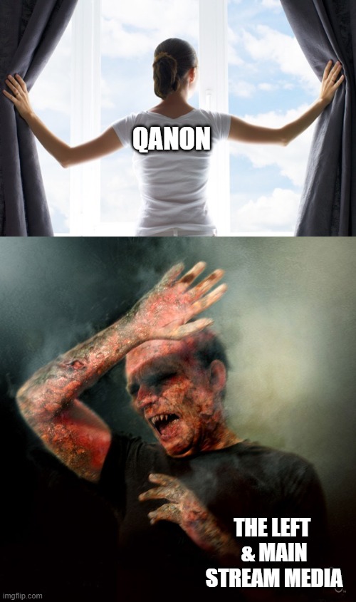 Hey ya filthy perverts, it burns don't it | QANON; THE LEFT 
& MAIN STREAM MEDIA | image tagged in truth,lies,exposed | made w/ Imgflip meme maker