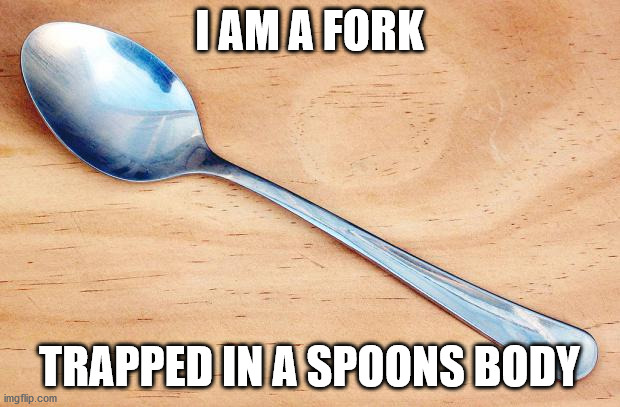 transgender silverware (REPOST! Credit to: SuckCheeseSharkFace) | I AM A FORK; TRAPPED IN A SPOONS BODY | image tagged in spoon,transgender,fork,repost | made w/ Imgflip meme maker