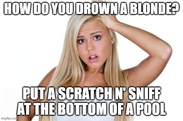Glug Glug | HOW DO YOU DROWN A BLONDE? PUT A SCRATCH N' SNIFF AT THE BOTTOM OF A POOL | image tagged in dumb blonde | made w/ Imgflip meme maker