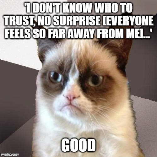 Musically Malicious Grumpy Cat | 'I DON'T KNOW WHO TO TRUST, NO SURPRISE [EVERYONE FEELS SO FAR AWAY FROM ME]...'; GOOD | image tagged in musically malicious grumpy cat,grumpy cat,meme,linkin park,cats,funny | made w/ Imgflip meme maker