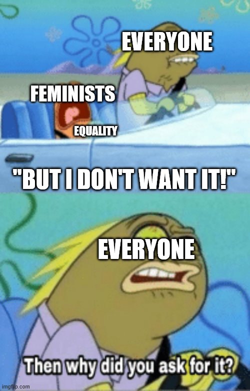 then why did you ask for it | FEMINISTS; EVERYONE; EQUALITY; "BUT I DON'T WANT IT!"; EVERYONE | image tagged in then why did you ask for it | made w/ Imgflip meme maker