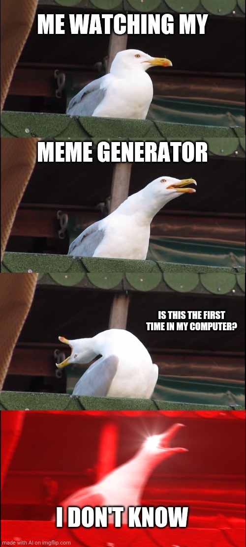 Watching my meme generator | ME WATCHING MY; MEME GENERATOR; IS THIS THE FIRST TIME IN MY COMPUTER? I DON'T KNOW | image tagged in memes,inhaling seagull | made w/ Imgflip meme maker