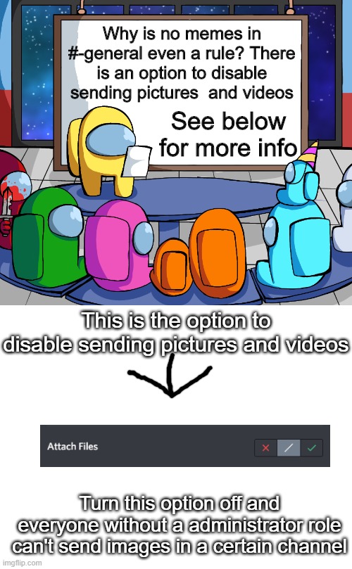 This can work | Why is no memes in #-general even a rule? There is an option to disable sending pictures  and videos; See below for more info; This is the option to disable sending pictures and videos; Turn this option off and everyone without a administrator role can't send images in a certain channel | image tagged in blank among us template | made w/ Imgflip meme maker