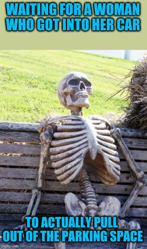 What in the name of Jesus, Jimmy, and George are they doing? | WAITING FOR A WOMAN WHO GOT INTO HER CAR; TO ACTUALLY PULL  OUT OF THE PARKING SPACE | image tagged in memes,waiting skeleton,death by parking space | made w/ Imgflip meme maker