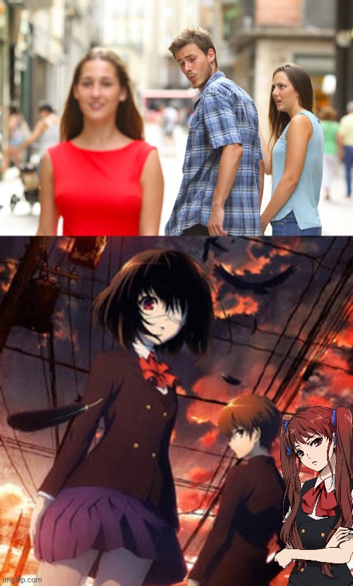 Anime ‘Another’ meme template | image tagged in distracted boyfriend,anime,animeme,custom template,another,misaki mei | made w/ Imgflip meme maker