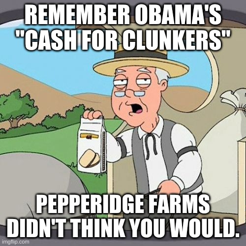 I bet Biden can come up with even more stupid failures... | REMEMBER OBAMA'S "CASH FOR CLUNKERS"; PEPPERIDGE FARMS DIDN'T THINK YOU WOULD. | image tagged in memes,pepperidge farm remembers | made w/ Imgflip meme maker