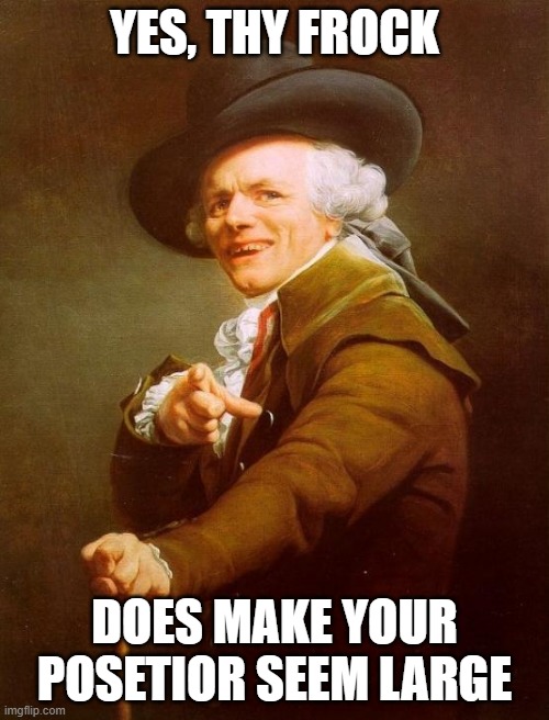 dress make yoyor butt look big | YES, THY FROCK; DOES MAKE YOUR POSETIOR SEEM LARGE | image tagged in memes,joseph ducreux | made w/ Imgflip meme maker