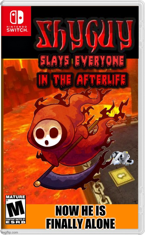 THE FINAL INSTALLMENT | NOW HE IS FINALLY ALONE | image tagged in shyguy,shy guy,super mario bros,nintendo switch,afterlife,fake switch games | made w/ Imgflip meme maker