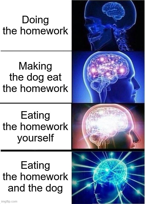 Expanding Brain Meme | Doing the homework Making the dog eat the homework Eating the homework yourself Eating the homework and the dog | image tagged in memes,expanding brain | made w/ Imgflip meme maker