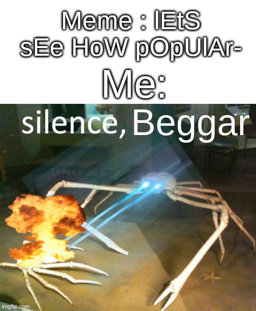 carpet was good | Meme : lEtS sEe HoW pOpUlAr-; Me:; Beggar | image tagged in memes,funny,upvote begging,silence crab,stop reading the tags,too many tags | made w/ Imgflip meme maker