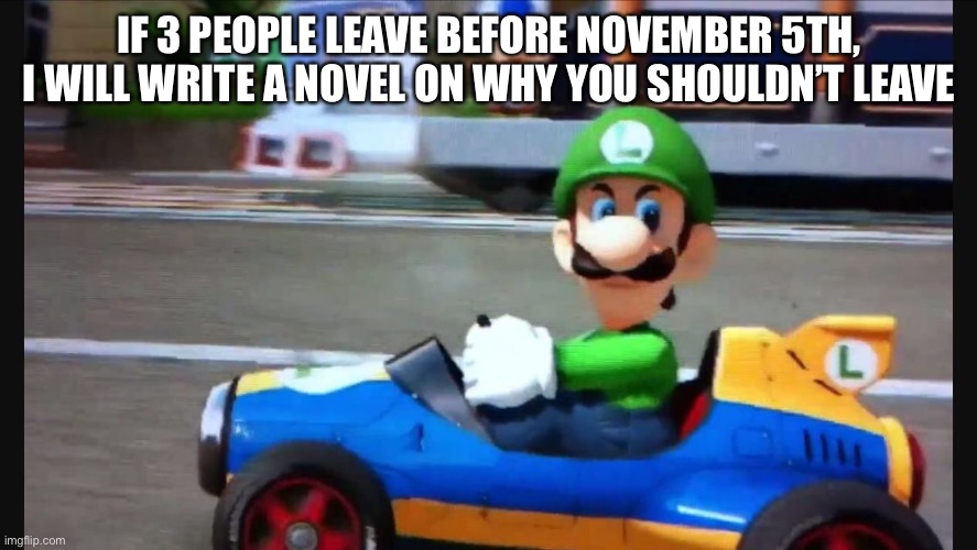 Take this as a warning | IF 3 PEOPLE LEAVE BEFORE NOVEMBER 5TH, I WILL WRITE A NOVEL ON WHY YOU SHOULDN’T LEAVE | image tagged in luigi death stare | made w/ Imgflip meme maker