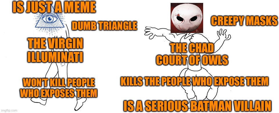 Virgin vs Chad | IS JUST A MEME; CREEPY MASKS; DUMB TRIANGLE; THE CHAD COURT OF OWLS; THE VIRGIN ILLUMINATI; KILLS THE PEOPLE WHO EXPOSE THEM; WON’T KILL PEOPLE WHO EXPOSES THEM; IS A SERIOUS BATMAN VILLAIN | image tagged in virgin vs chad | made w/ Imgflip meme maker
