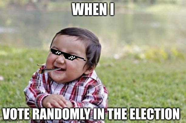 Evil Toddler | WHEN I; VOTE RANDOMLY IN THE ELECTION | image tagged in memes,evil toddler | made w/ Imgflip meme maker