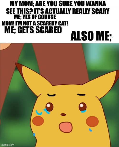 I REGRET EVERYTHING I SAW LAST NIGHT | MY MOM; ARE YOU SURE YOU WANNA SEE THIS? IT’S ACTUALLY REALLY SCARY; ME; YES OF COURSE MOM! I’M NOT A SCAREDY CAT! ME; GETS SCARED; ALSO ME; | image tagged in surprised pikachu high quality | made w/ Imgflip meme maker