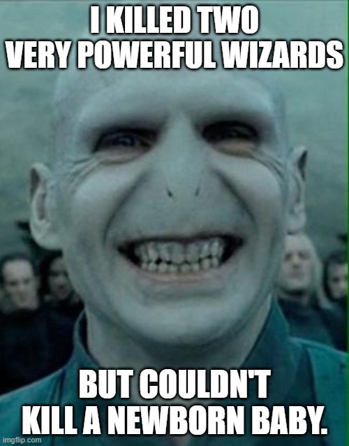 EXPLAIN |  I KILLED TWO VERY POWERFUL WIZARDS; BUT COULDN'T KILL A NEWBORN BABY. | image tagged in voldemort grin | made w/ Imgflip meme maker
