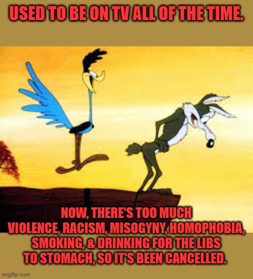 Roadrunner & Coyote | USED TO BE ON TV ALL OF THE TIME. NOW, THERE'S TOO MUCH VIOLENCE, RACISM, MISOGYNY, HOMOPHOBIA, SMOKING, & DRINKING FOR THE LIBS TO STOMACH, | image tagged in roadrunner coyote | made w/ Imgflip meme maker