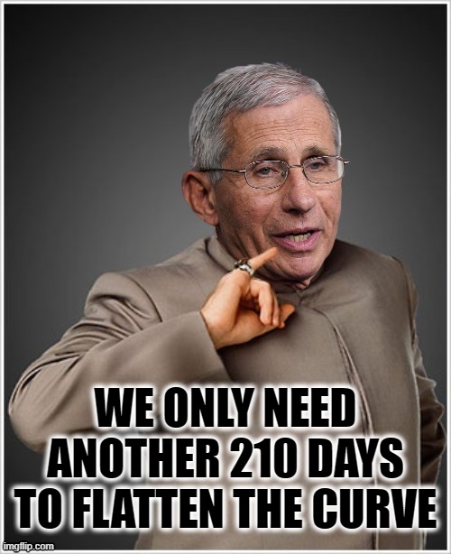 The lockdowns will continue until morale improves. | WE ONLY NEED ANOTHER 210 DAYS TO FLATTEN THE CURVE | image tagged in dr evil fauci | made w/ Imgflip meme maker