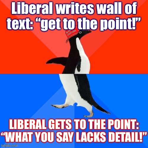 A rightie troll tactic as old as the hills | Liberal writes wall of text: “get to the point!”; LIBERAL GETS TO THE POINT: “WHAT YOU SAY LACKS DETAIL!” | image tagged in socially awesome awkward penguin maga hat | made w/ Imgflip meme maker