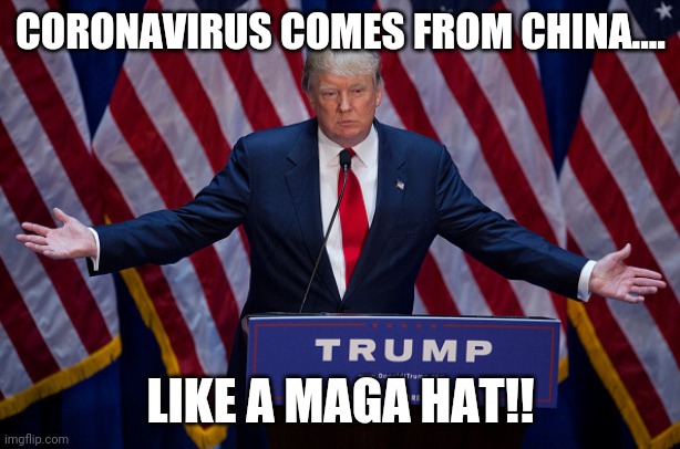 China hat | CORONAVIRUS COMES FROM CHINA.... LIKE A MAGA HAT!! | image tagged in donald trump,maga,trump supporters,joe biden,trump rally,coronavirus | made w/ Imgflip meme maker