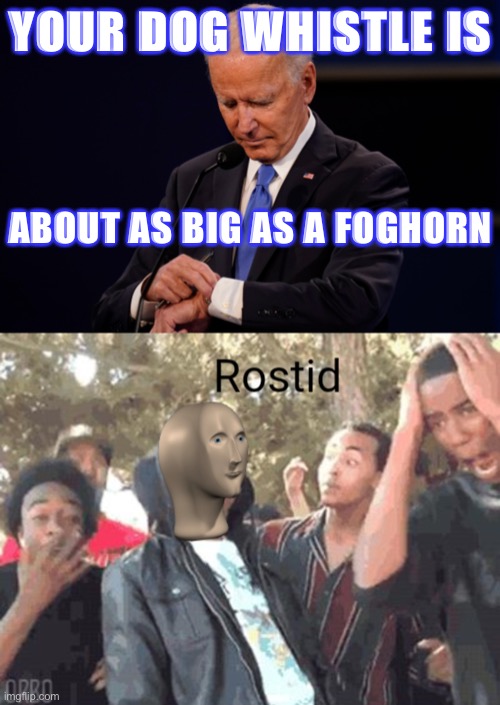 Americans are going to reject the President’s persistent racist appeals. | YOUR DOG WHISTLE IS; ABOUT AS BIG AS A FOGHORN | image tagged in meme man rostid,joe biden debate watch | made w/ Imgflip meme maker