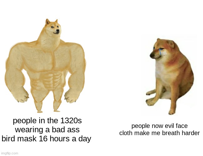 Buff Doge vs. Cheems Meme | people in the 1320s wearing a bad ass bird mask 16 hours a day; people now evil face cloth make me breath harder | image tagged in memes,buff doge vs cheems | made w/ Imgflip meme maker