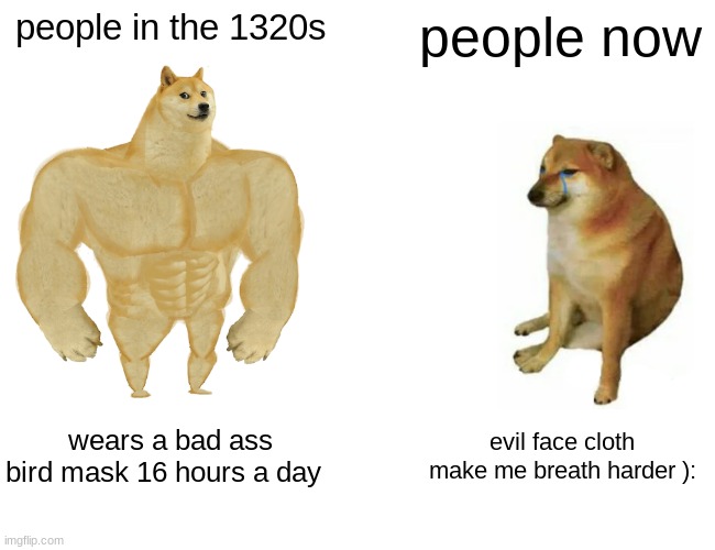 Buff Doge vs. Cheems | people in the 1320s; people now; wears a bad ass bird mask 16 hours a day; evil face cloth make me breath harder ): | image tagged in memes,buff doge vs cheems | made w/ Imgflip meme maker